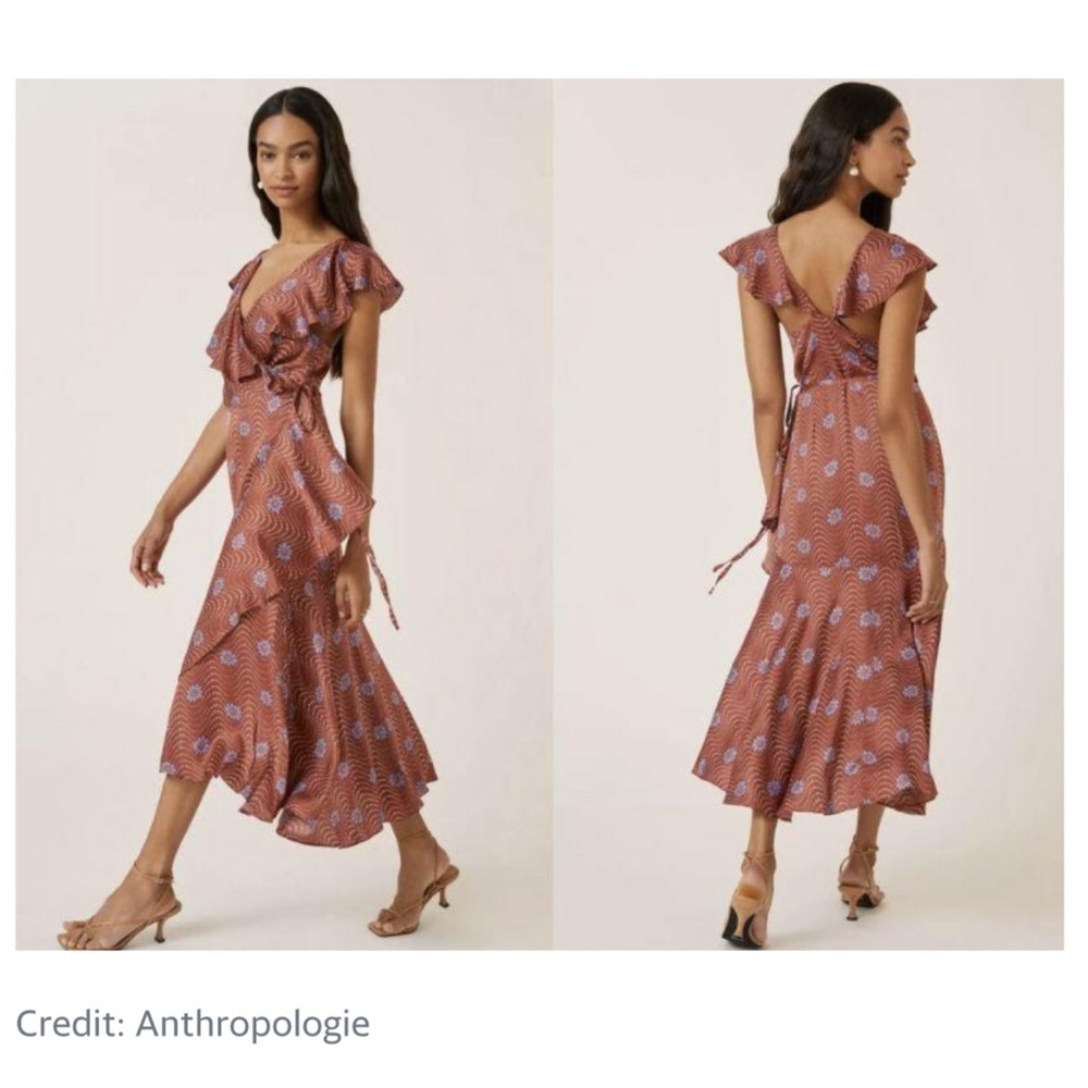 Anthropologie Ruffle Sleeve Printed-Wrap Maxi Dress